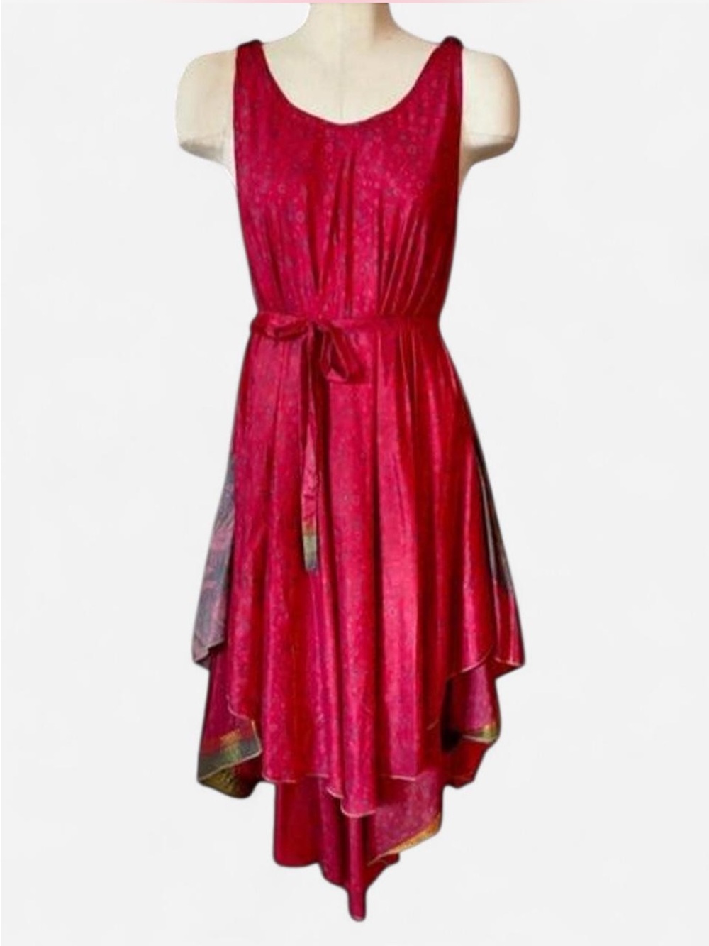 MuA World 100% Silk Handkerchief Hem Boho Dress Free Size India Belted Festival